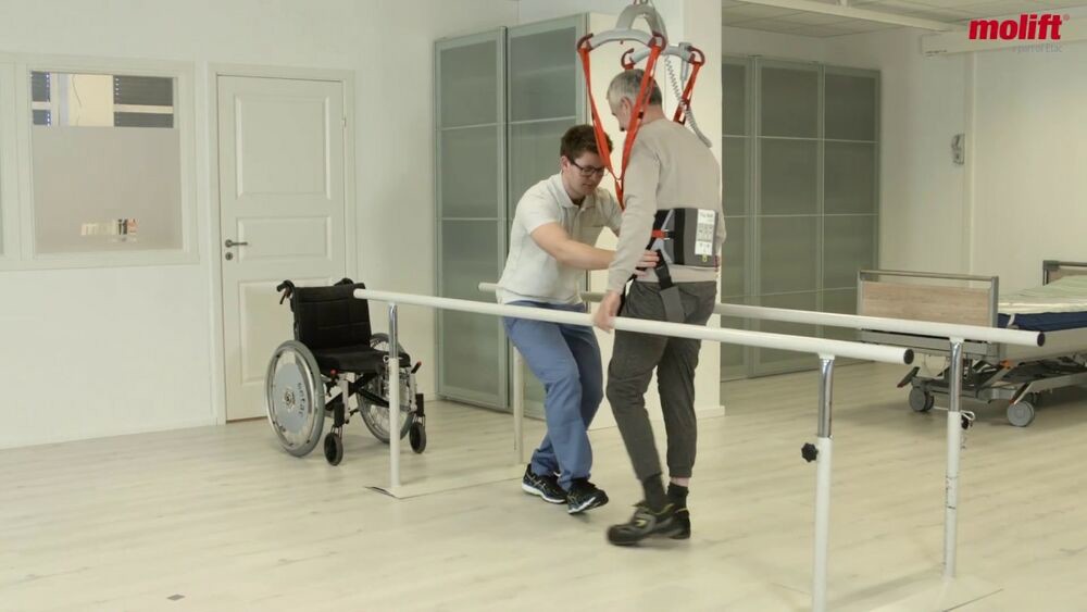 How to perform assisted gait training with ceiling hoist and ambulating vest