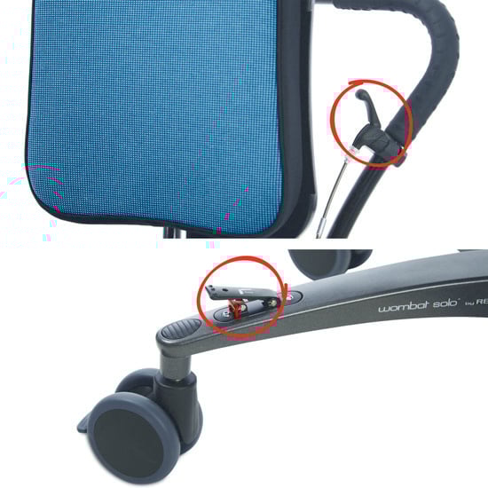 Height pedal with lock-out on frame, tilt lever on push brace