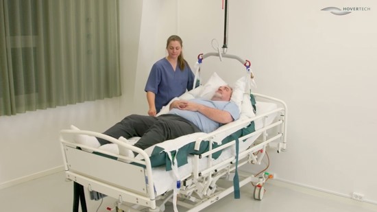 HoverMatt PROS Air Sling - Positioning a patient to sitting in bed, manually and with a hoist